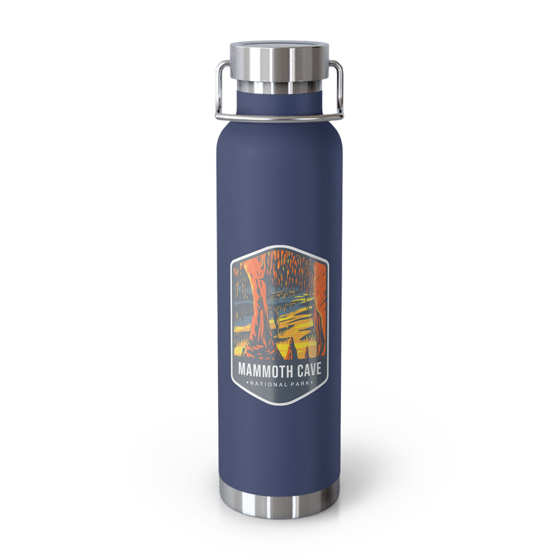 Navy stainless steel water bottle with a scenic design of Mammoth Cave National Park.