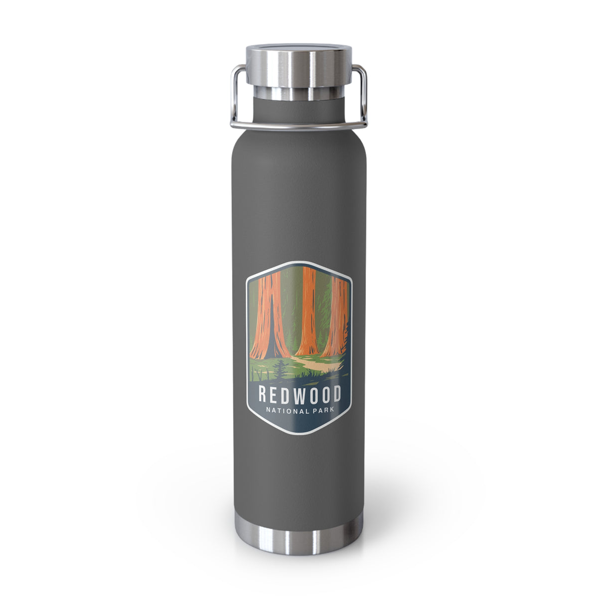 Grey stainless steel water bottle featuring a design of Redwood National Park with towering redwood trees.