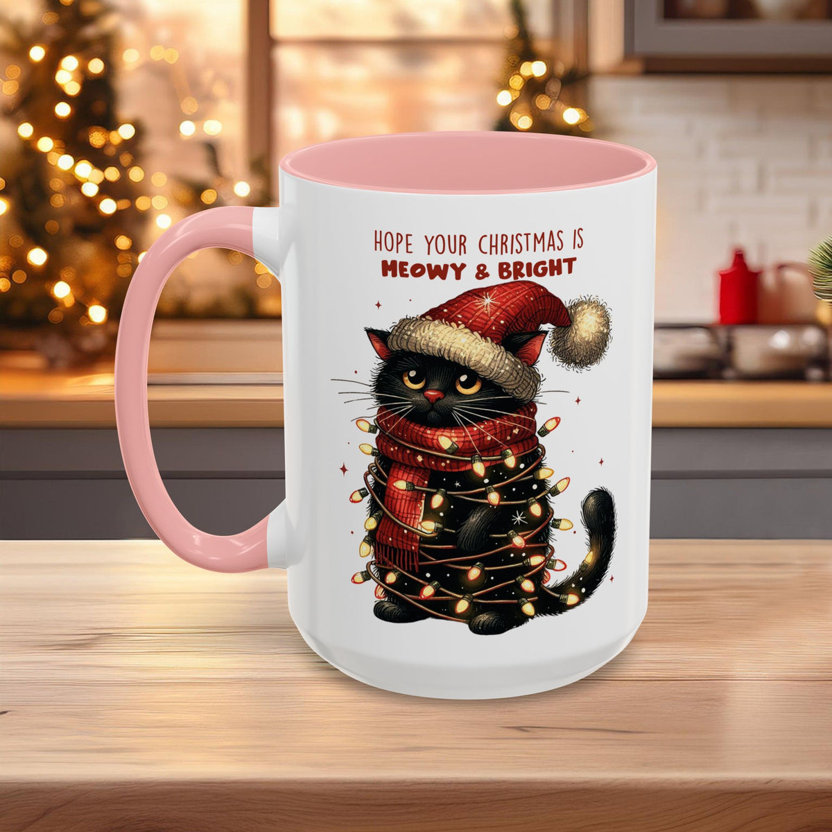 Christmas Cat Mug "Meowy & Bright", Microwave and Dishwasher Safe, Free Shipping