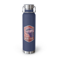 Navy stainless steel water bottle featuring a design of Wind Cave National Park with cave formations.