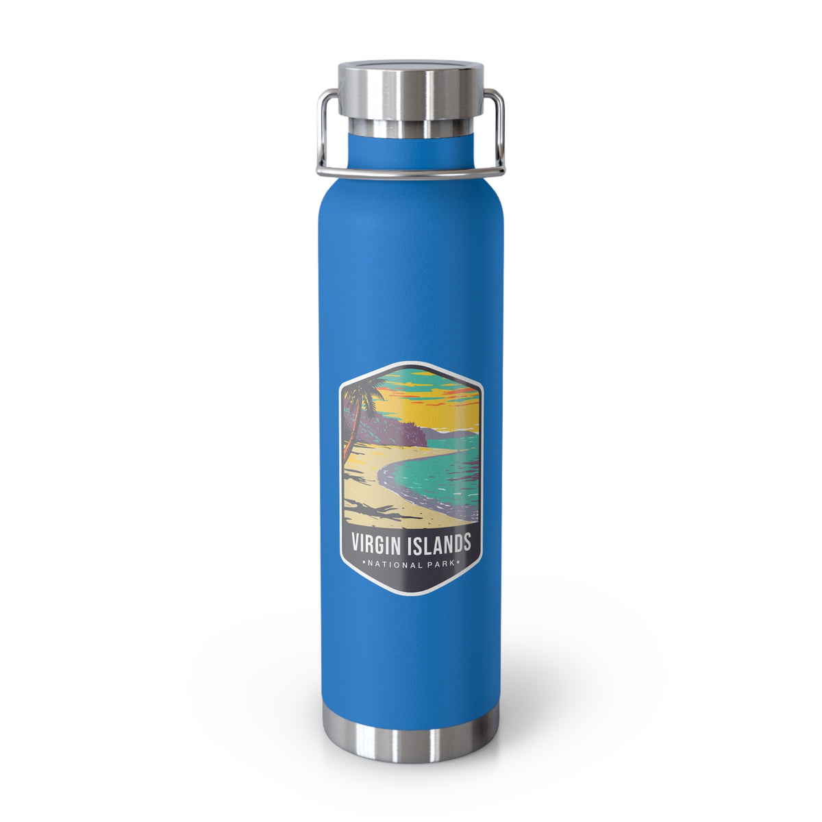 Pebble Blue stainless steel water bottle featuring a design of Virgin Islands National Park with a beach and palm trees.