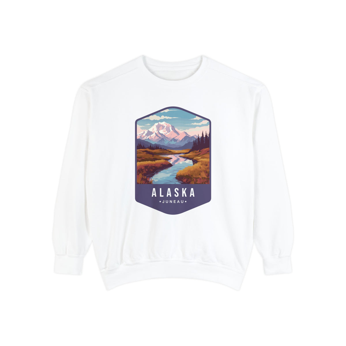 Cozy Alaska Juneau Sweatshirt - Scenic Mountain River Design - Unisex Garment-Dyed Cozy Fleece