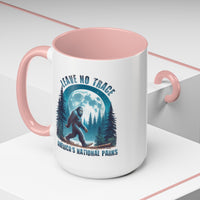 15 oz pink ceramic mug with Bigfoot graphic and "Leave No Trace" text, featuring Yosemite National Park scenery.