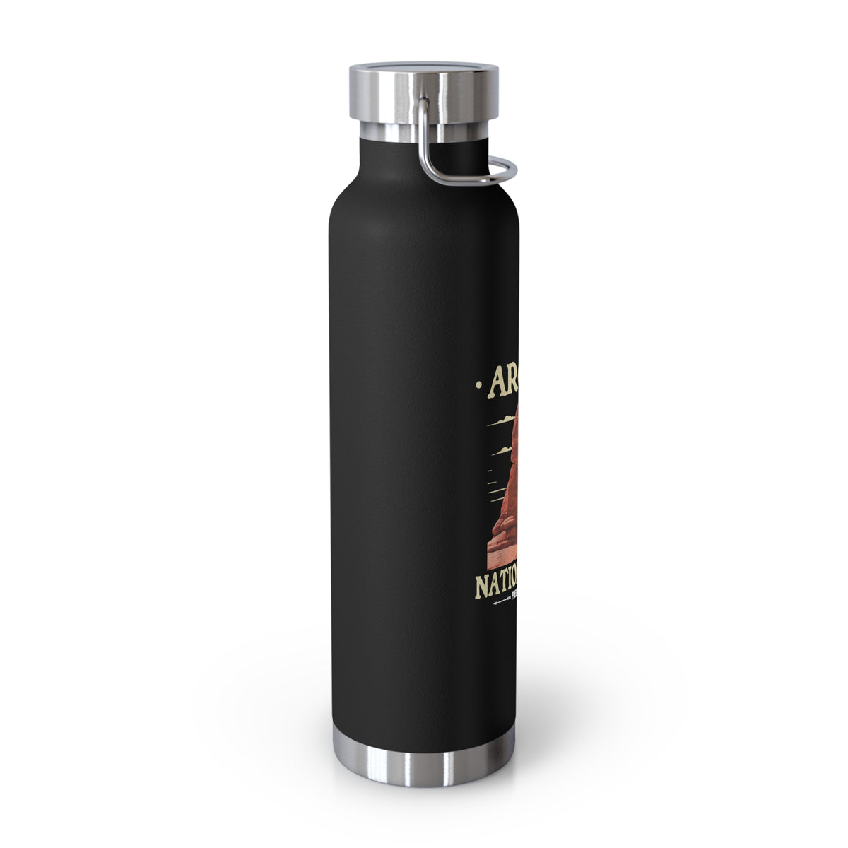 Image of a stainless steel water bottle featuring a design from Arches National Park in Utah.