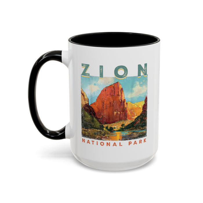 Ceramic mug featuring a scenic design of Zion National Park, ideal as a souvenir.