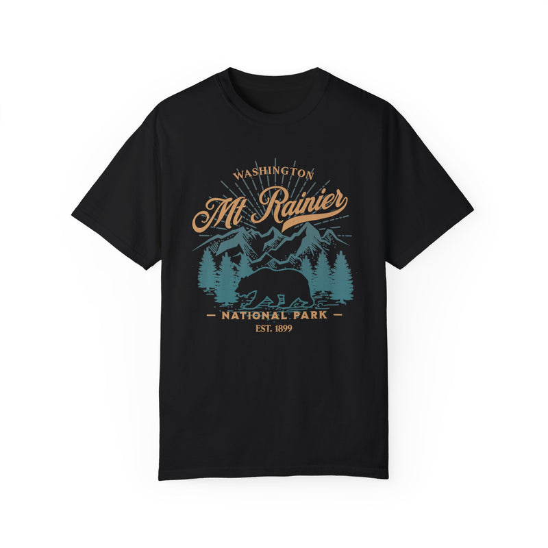 T-shirt featuring Mt. Rainier National Park with a bear and trees design.