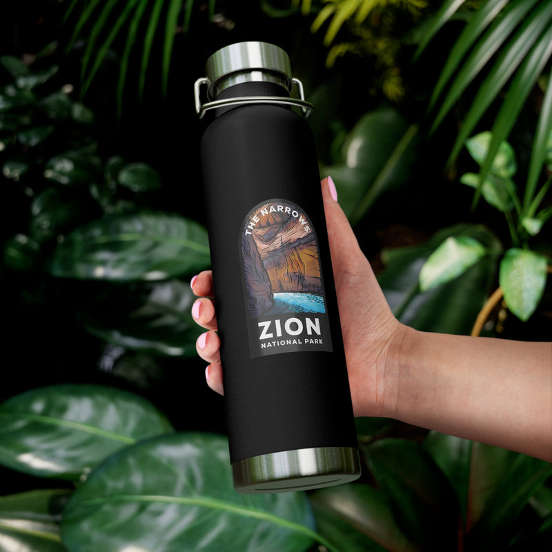 Image of a stainless steel water bottle featuring a design of The Narrows from Zion National Park in Utah.