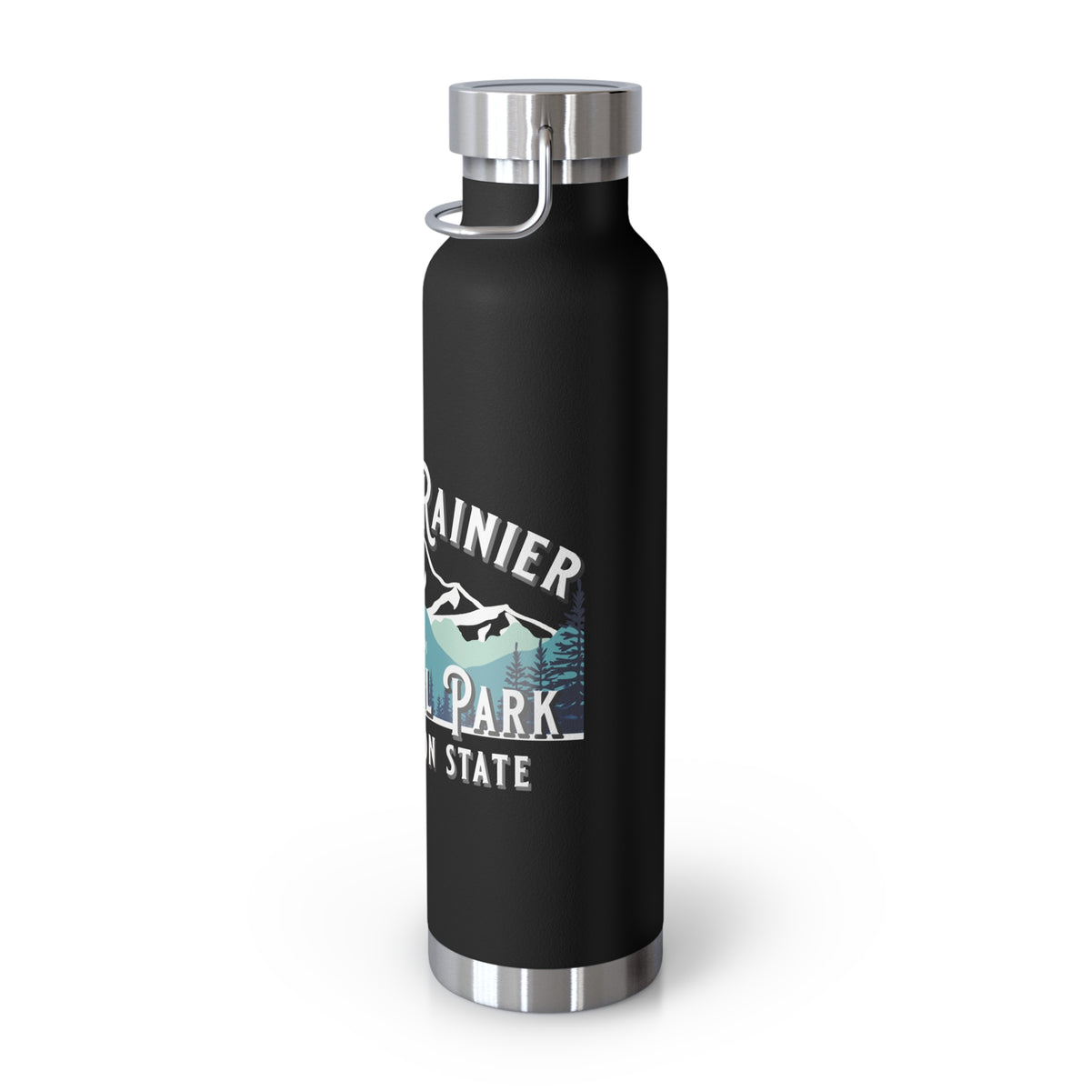 Stainless steel water bottle featuring a Mount Rainier National Park design with an elk and mountain illustration, durable powder-coated finish.