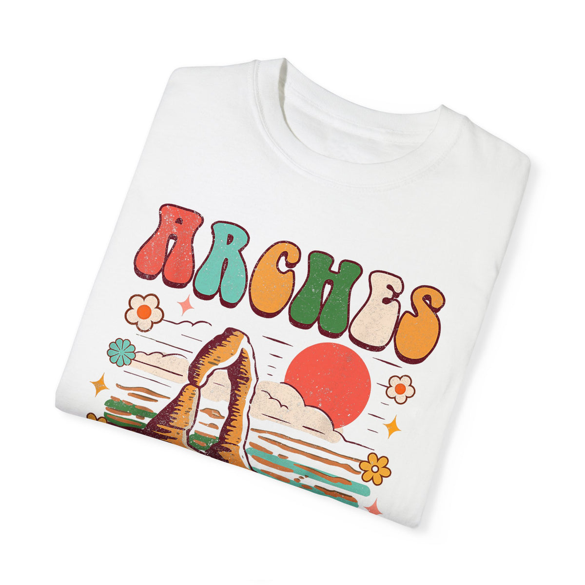 T-shirt featuring a retro design of Arches National Park in Moab, Utah, with colorful graphics.