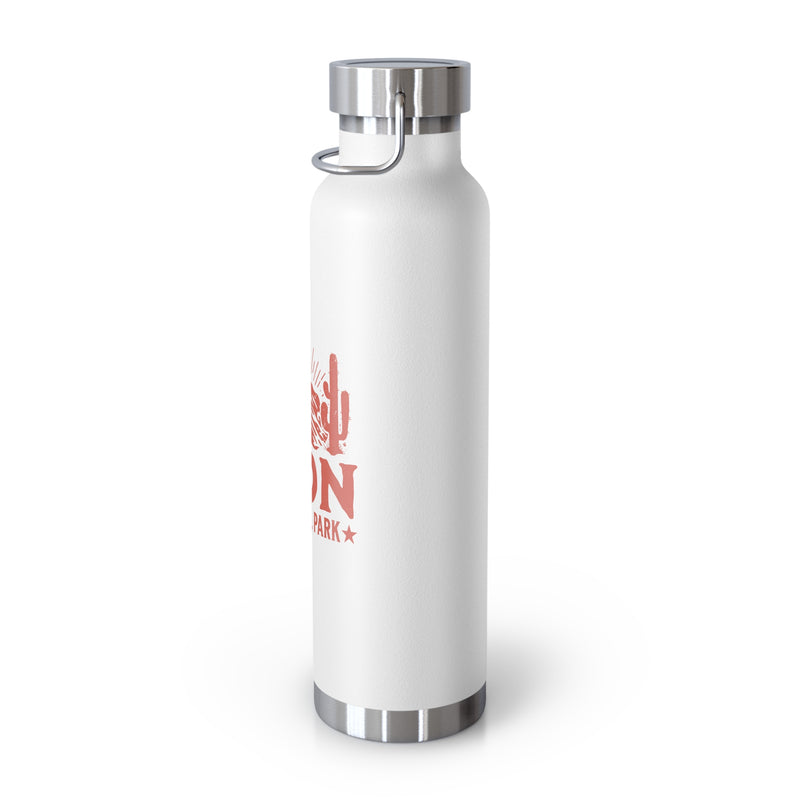 Image of a stainless steel water bottle featuring a desert-themed design from Zion National Park in Utah.