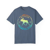 Acadia National Park T-shirt featuring a graphic design with a moose, rainbow colors, and "Est. 1929" text.