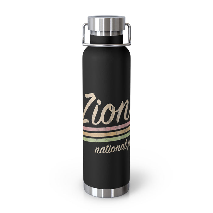 Image of a stainless steel water bottle featuring a retro design from Zion National Park in Utah.