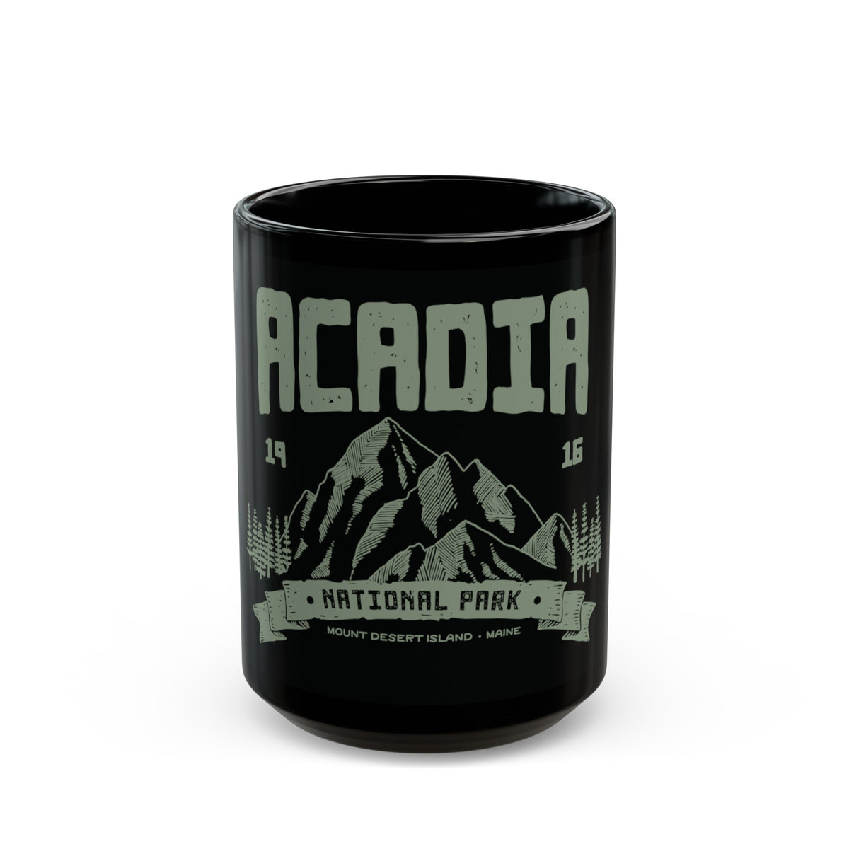 Ceramic coffee mug featuring a mountain design with Acadia National Park.