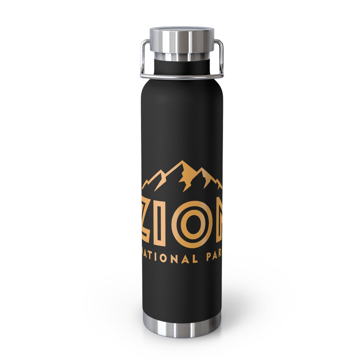 Image of a stainless steel water bottle featuring a mountain design from Zion National Park in Utah.