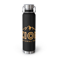 Image of a stainless steel water bottle featuring a mountain design from Zion National Park in Utah.