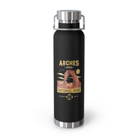 Image of a stainless steel water bottle featuring a design from Arches National Park in Utah.