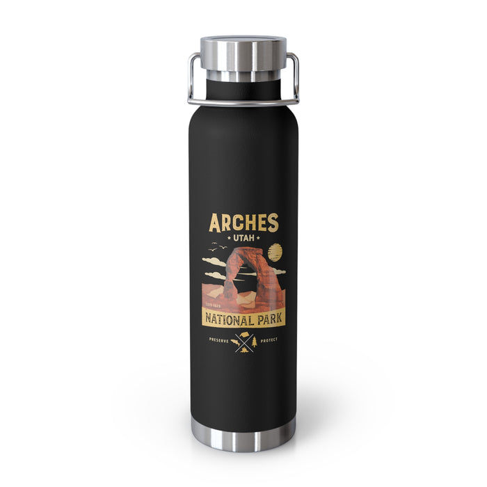 Image of a stainless steel water bottle featuring a design from Arches National Park in Utah.