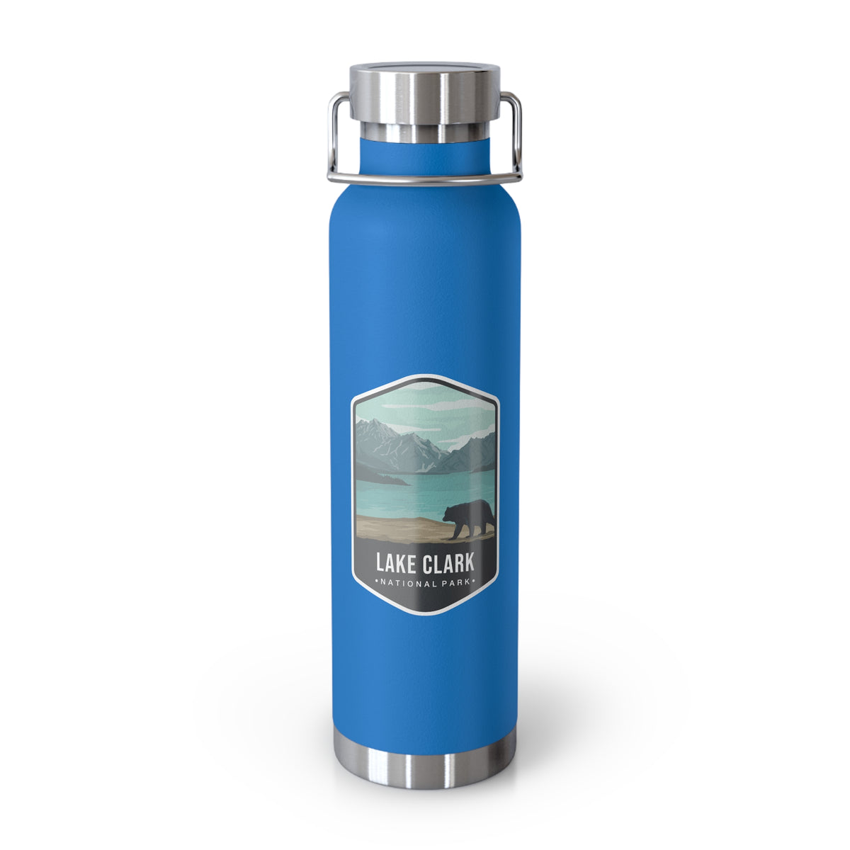 Pebble blue stainless steel water bottle with a scenic design of Lake Clark National Park.