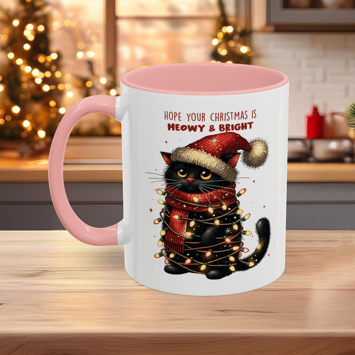 Christmas Cat Mug "Meowy & Bright", Microwave and Dishwasher Safe, Free Shipping