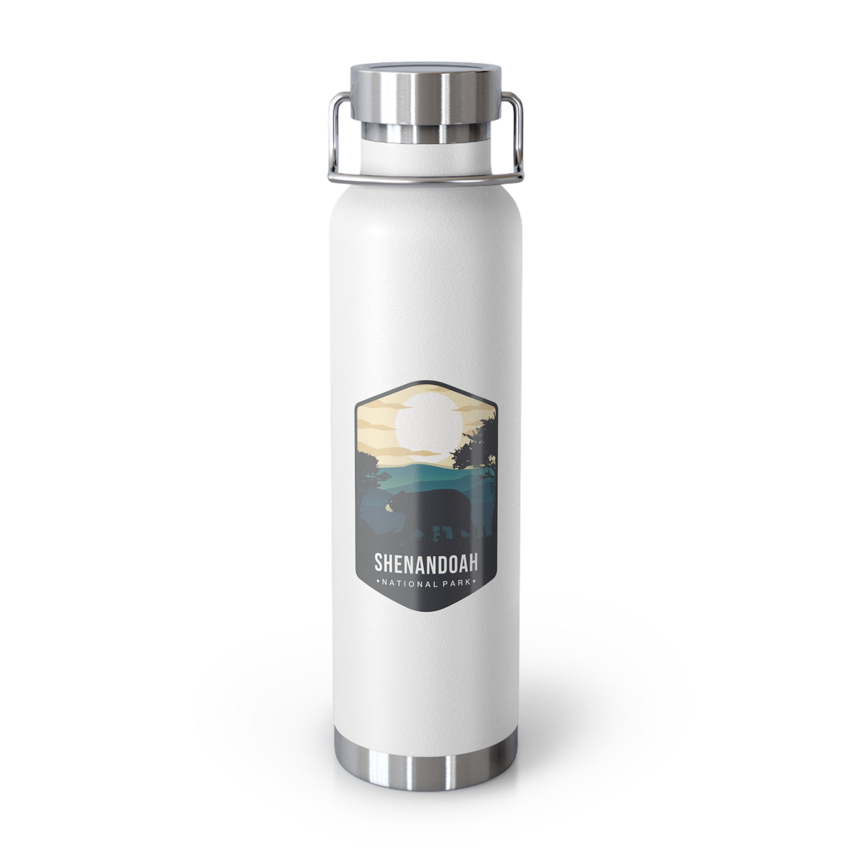 White stainless steel water bottle featuring a design of Shenandoah National Park with mountain and sunset scenery.