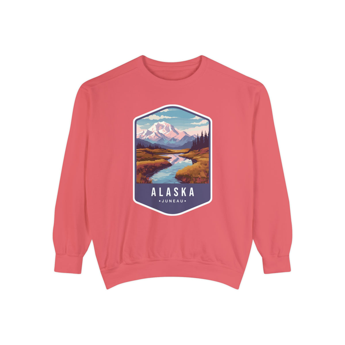 Cozy Alaska Juneau Sweatshirt - Scenic Mountain River Design - Unisex Garment-Dyed Cozy Fleece