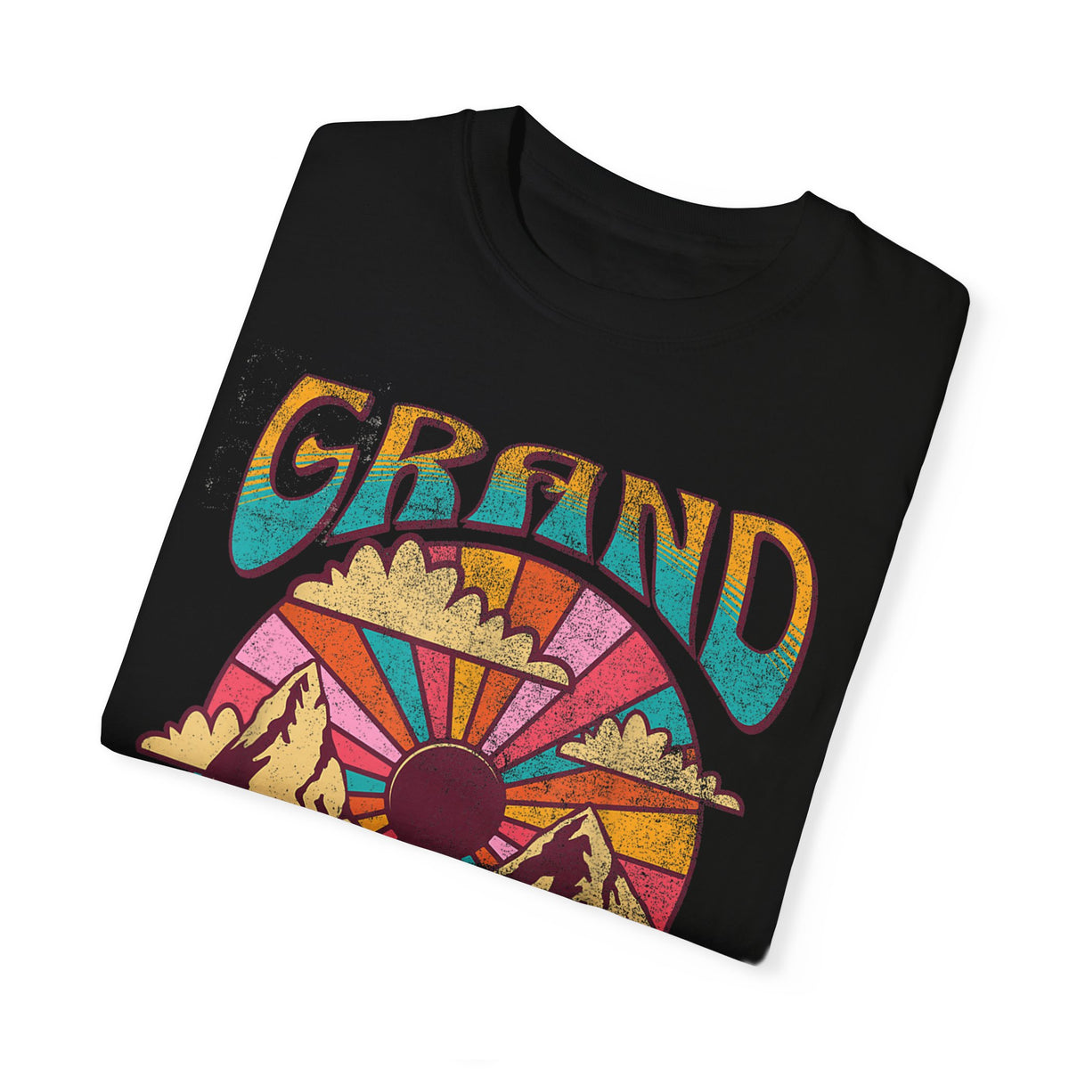 Grand Teton National Park T-shirt featuring a retro graphic design with a sunburst and mountain scene.