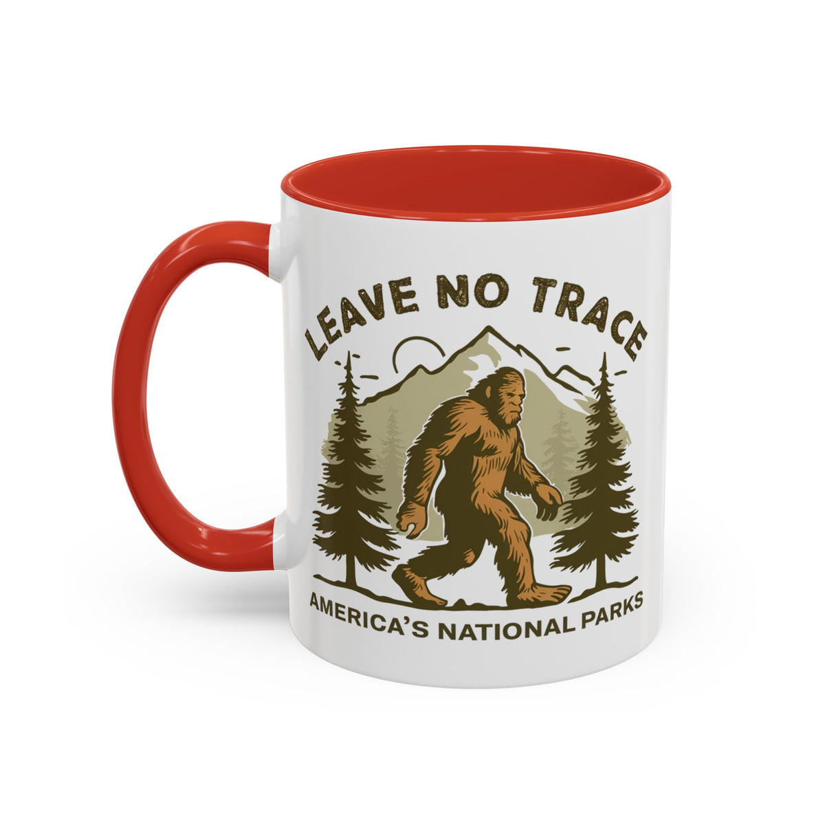 11 oz red Bigfoot souvenir mug with "Leave No Trace" text, trees, and mountains in the background, from America's National Parks.