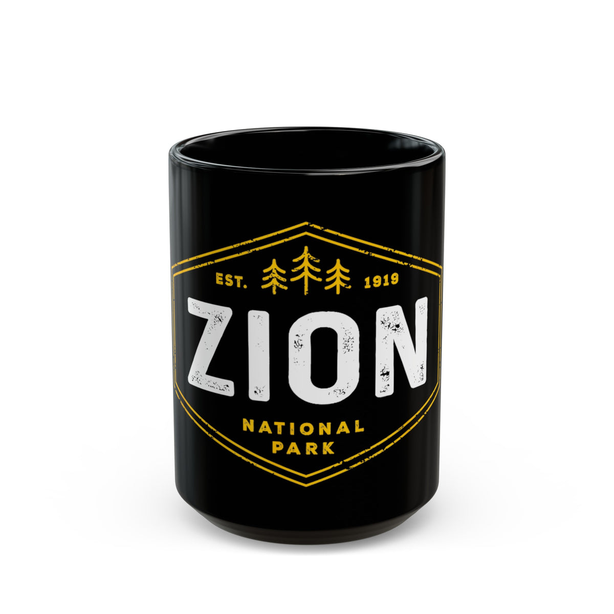 Ceramic mug featuring an Est. 1919 design of Zion National Park, ideal as a souvenir.