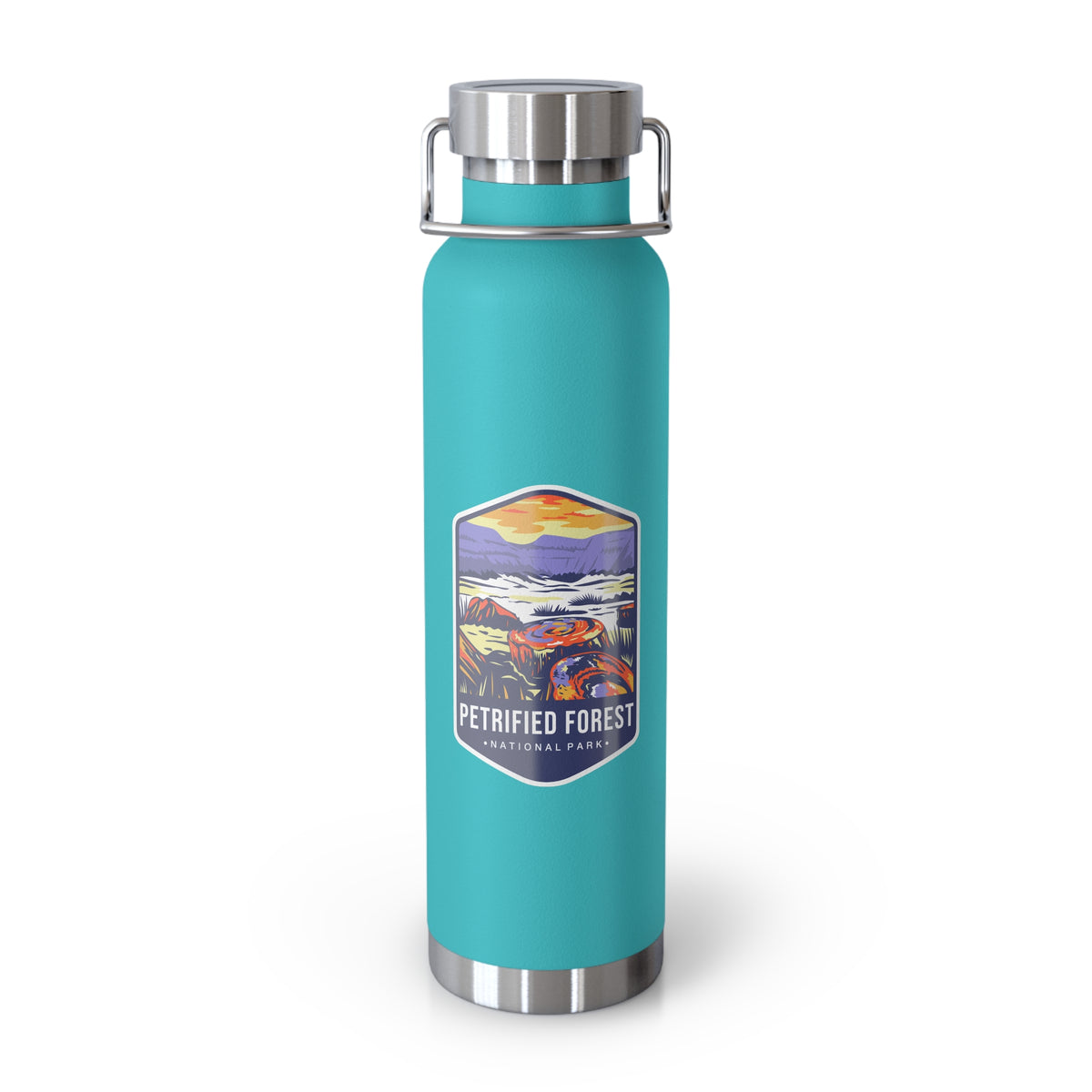 Mint green stainless steel water bottle featuring a colorful design of Petrified Forest National Park with scenic landscapes.