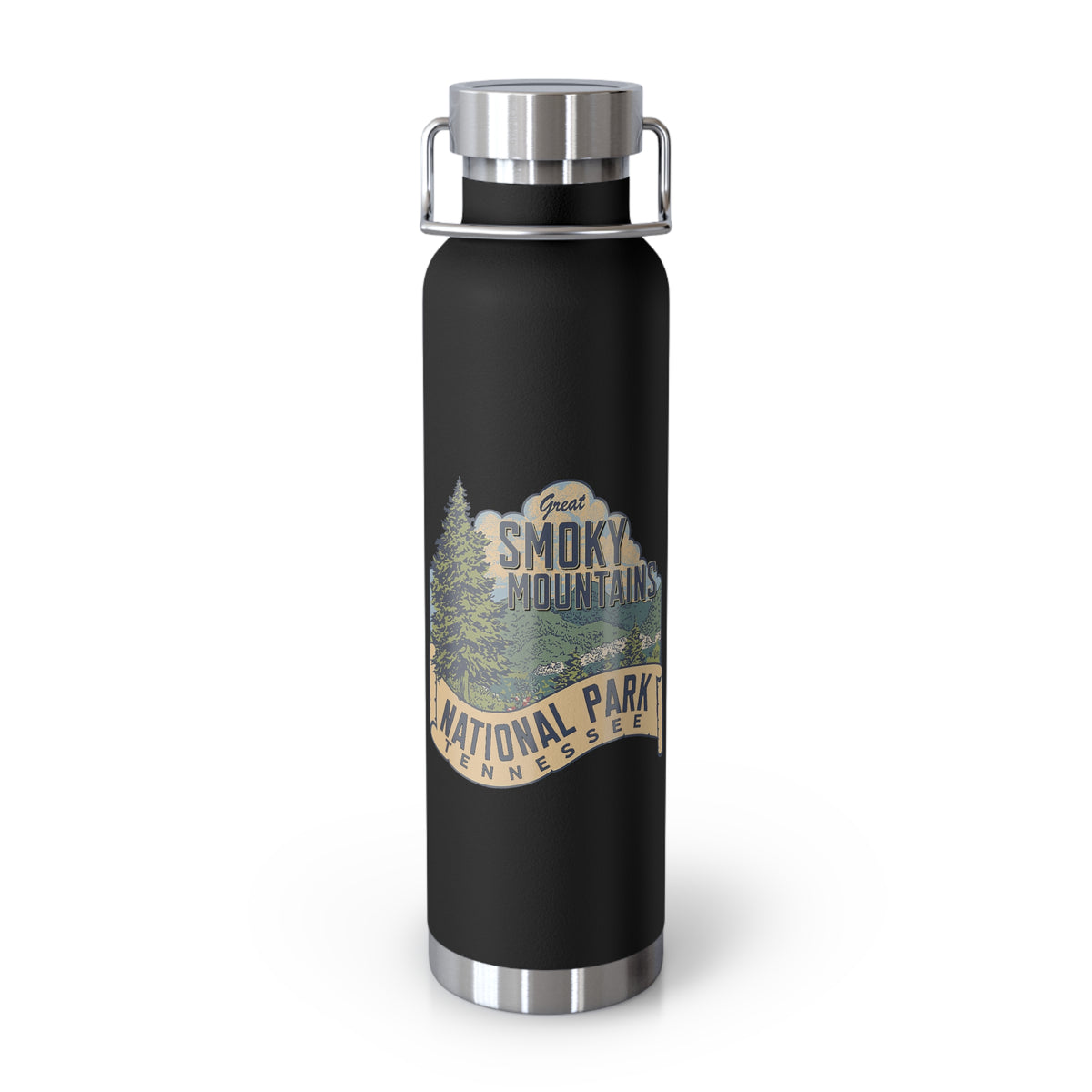 Great Smoky Mountains National Park souvenir bottle with scenic design and Tennessee location.