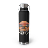 Image of a stainless steel water bottle featuring a design from Arches National Park in Utah.