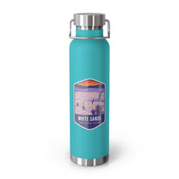 Green Mint stainless steel water bottle featuring a design of White Sands National Park with desert and sunset scenery.