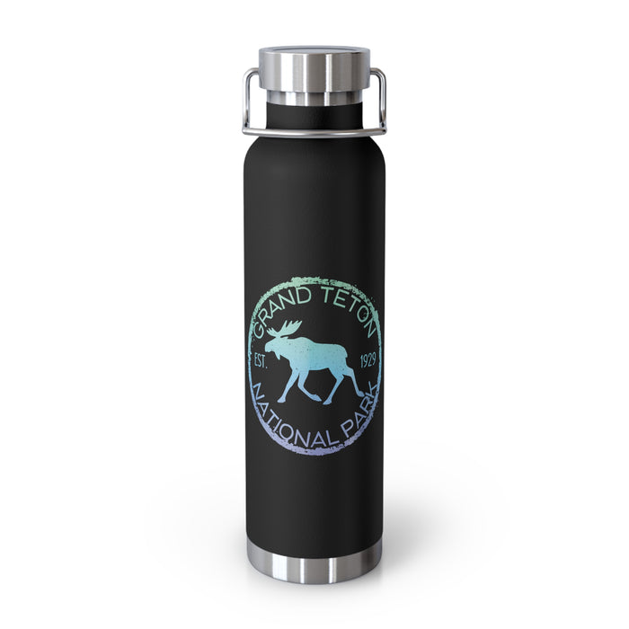 Grand Teton National Park souvenir water bottle featuring a moose design with stainless steel construction.