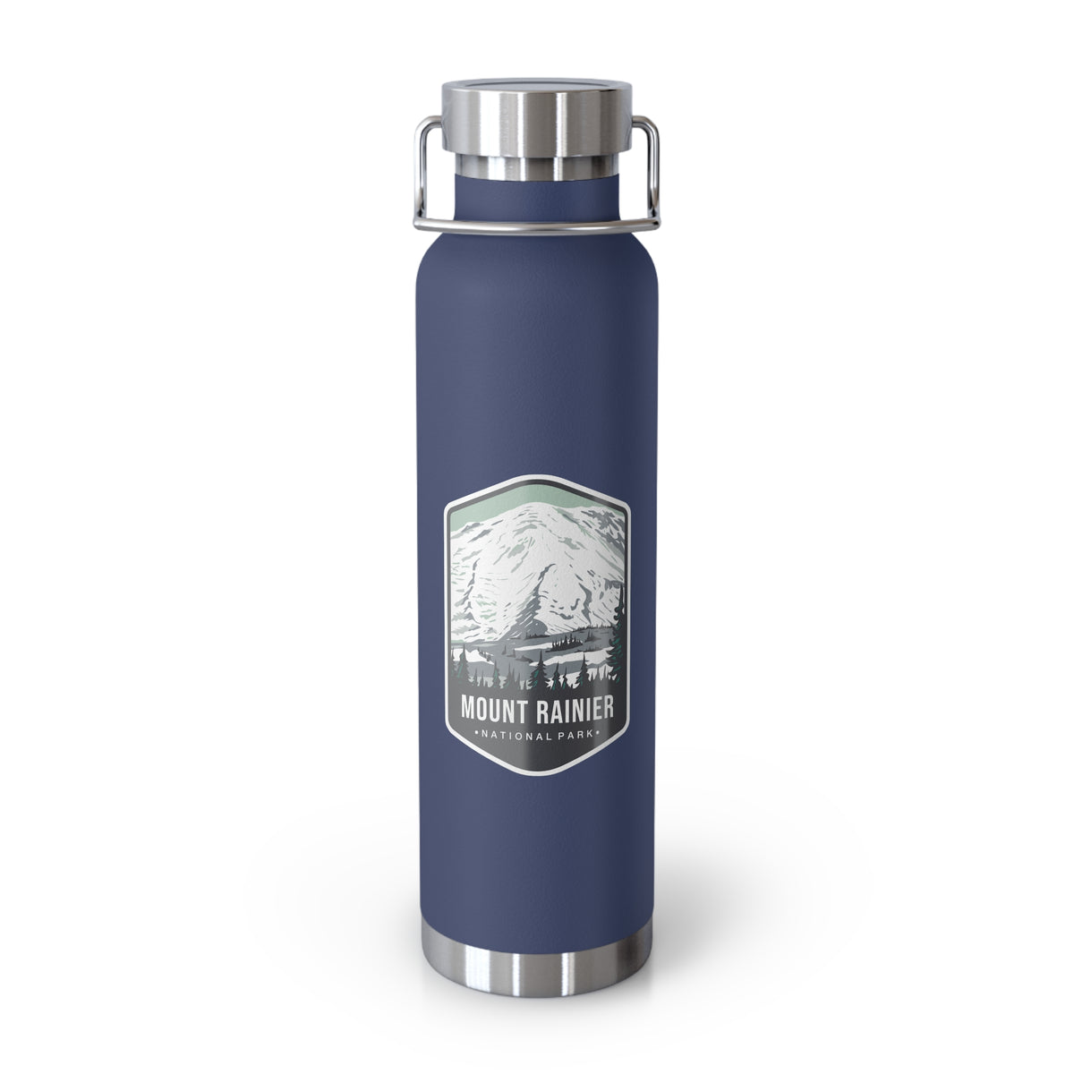 Navy stainless steel water bottle with a scenic design of Mount Rainier National Park.