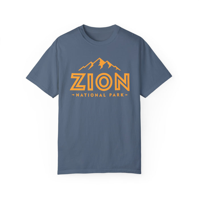 T-shirt with a minimalist design featuring Zion National Park and a mountain graphic.