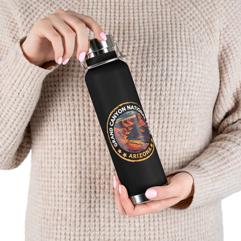 Grand Canyon National Park souvenir water bottle featuring an Arizona emblem design and stainless steel construction.