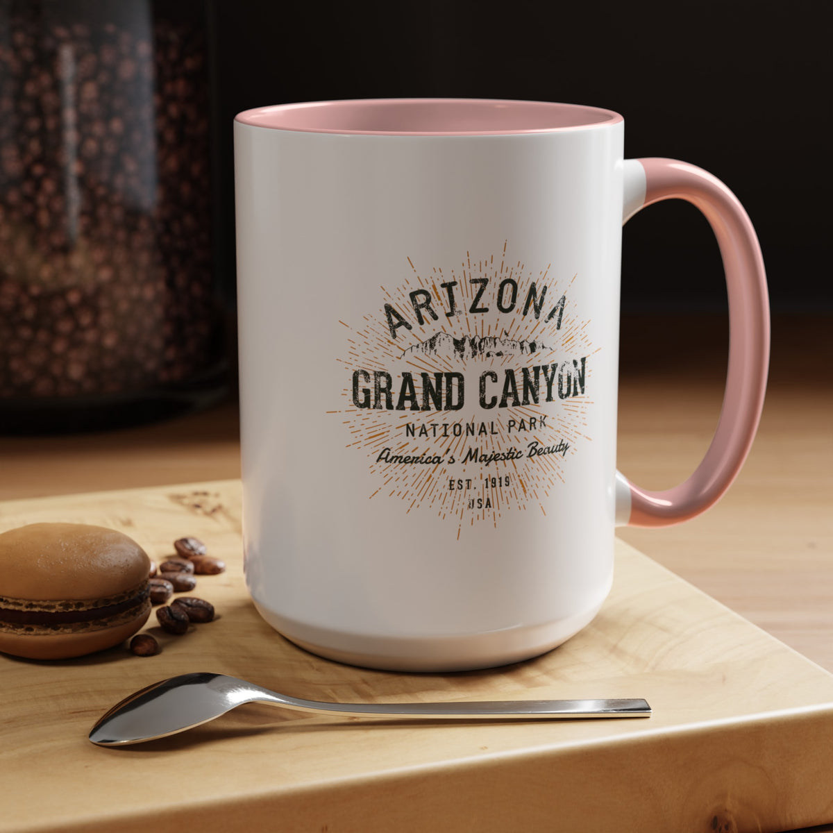 Grand Canyon National Park souvenir mug with a retro Arizona design and text.