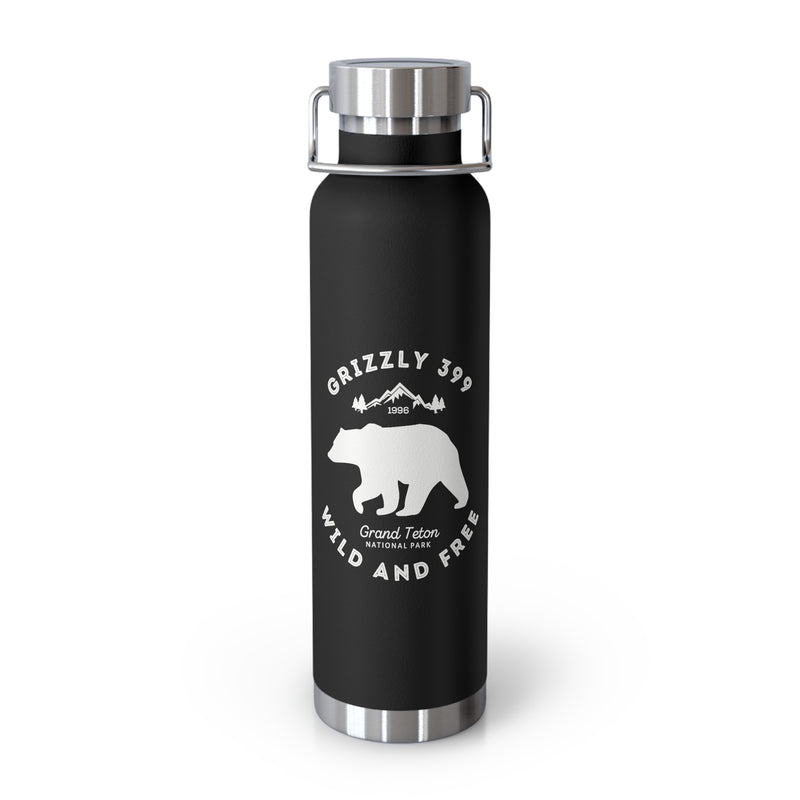 Grand Teton National Park souvenir water bottle featuring a Grizzly 399 design with stainless steel construction.