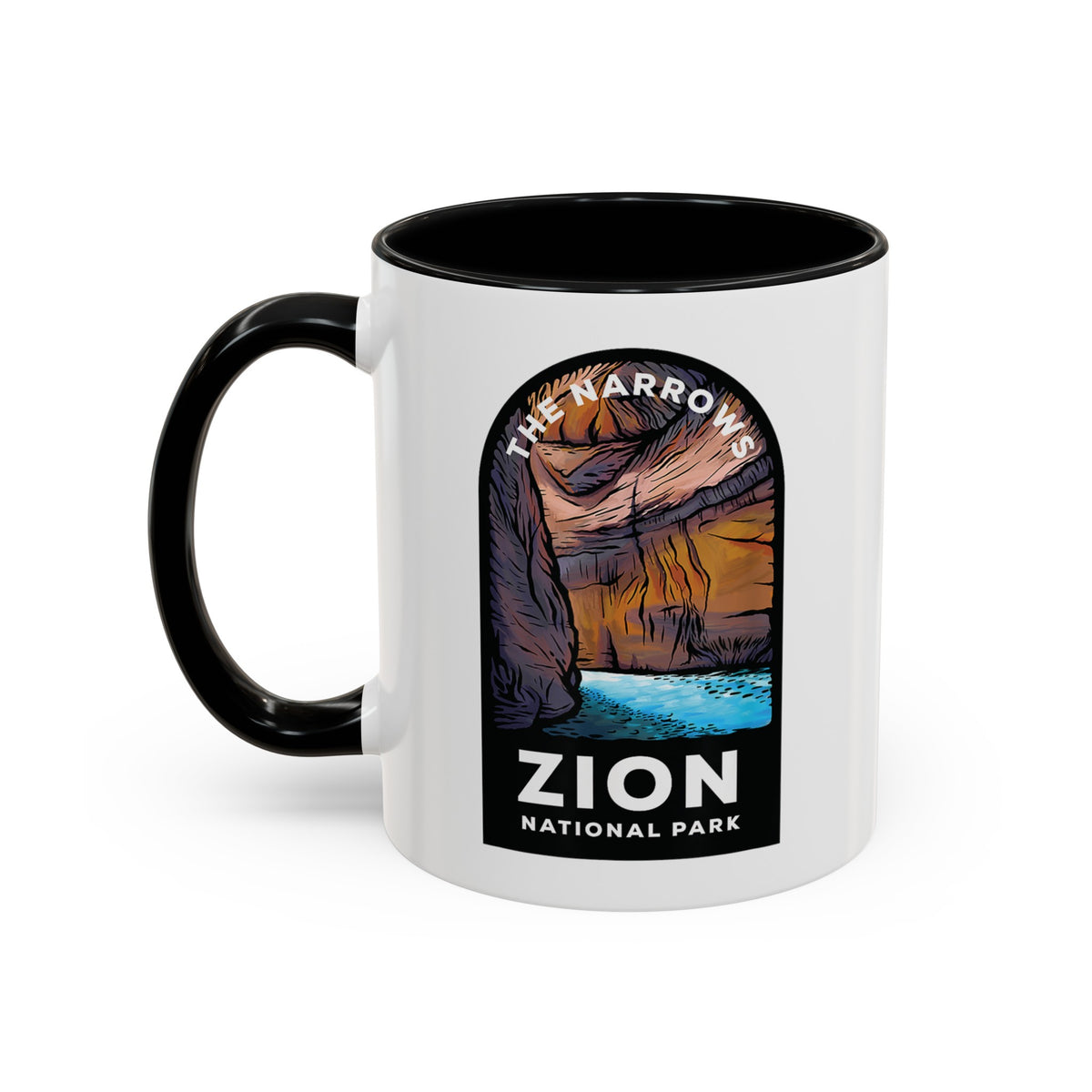 11 oz ceramic mug with black contrasting handle featuring a design of The Narrows at Zion National Park, perfect as a souvenir.