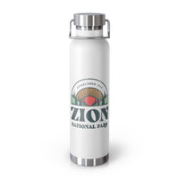 Image of a stainless steel water bottle featuring a design from Zion National Park in Utah.