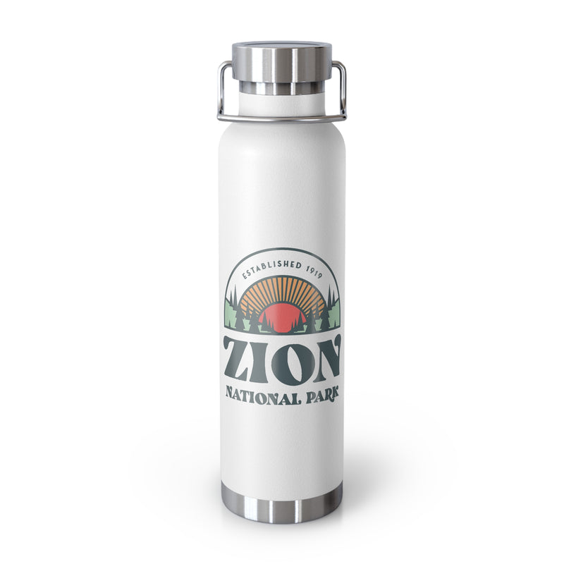 Image of a stainless steel water bottle featuring a design from Zion National Park in Utah.