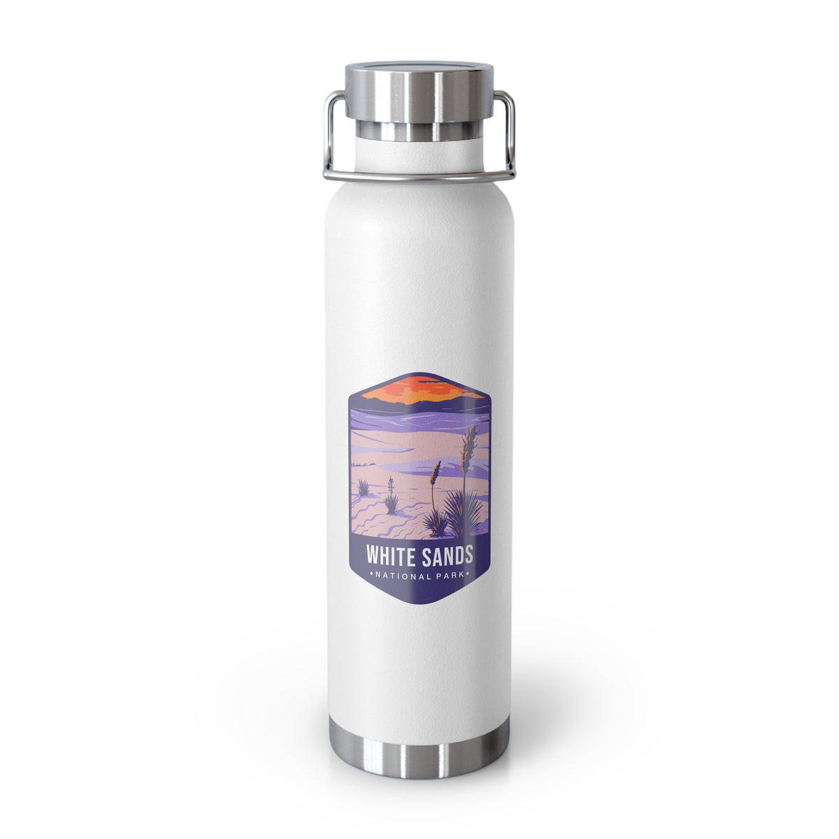 White stainless steel water bottle featuring a design of White Sands National Park with desert and sunset scenery.