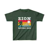 Zion National Park with this vibrant kids' unisex souvenir t-shirt. Featuring a colorful graphic of the park's iconic landscape with a playful Bigfoot silhouette