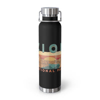 Image of a stainless steel water bottle featuring a scenic design from Zion National Park in Utah.