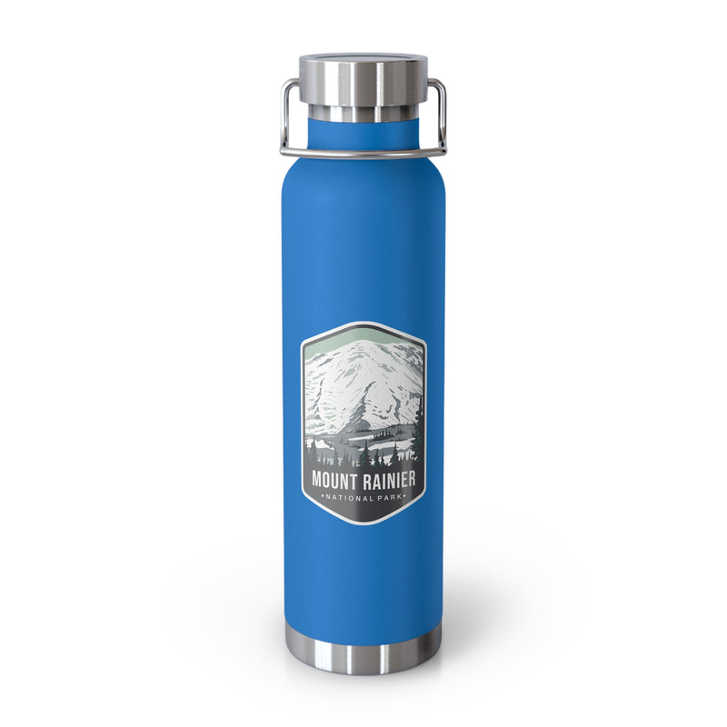 Pebble blue stainless steel water bottle with a scenic design of Mount Rainier National Park.