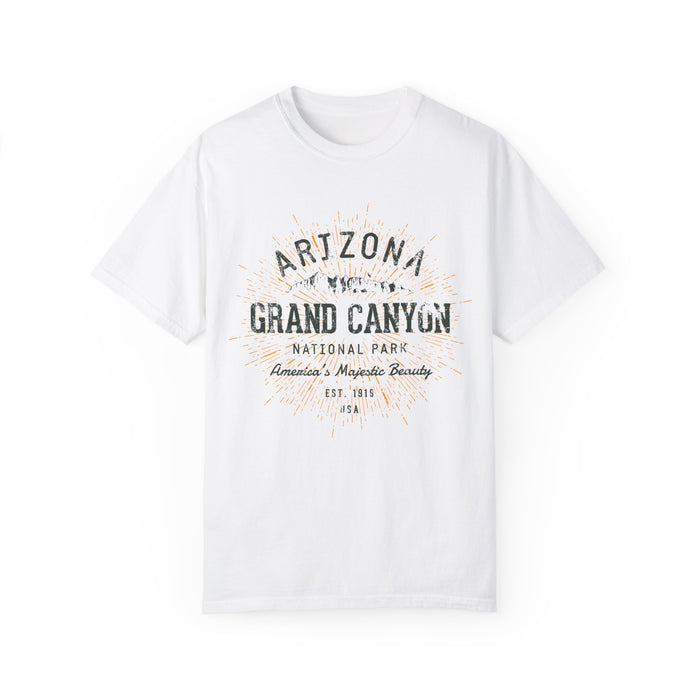 Grand Canyon National Park T-shirt featuring a vintage text graphic design with "Arizona" and "America's Majestic Beauty" text.