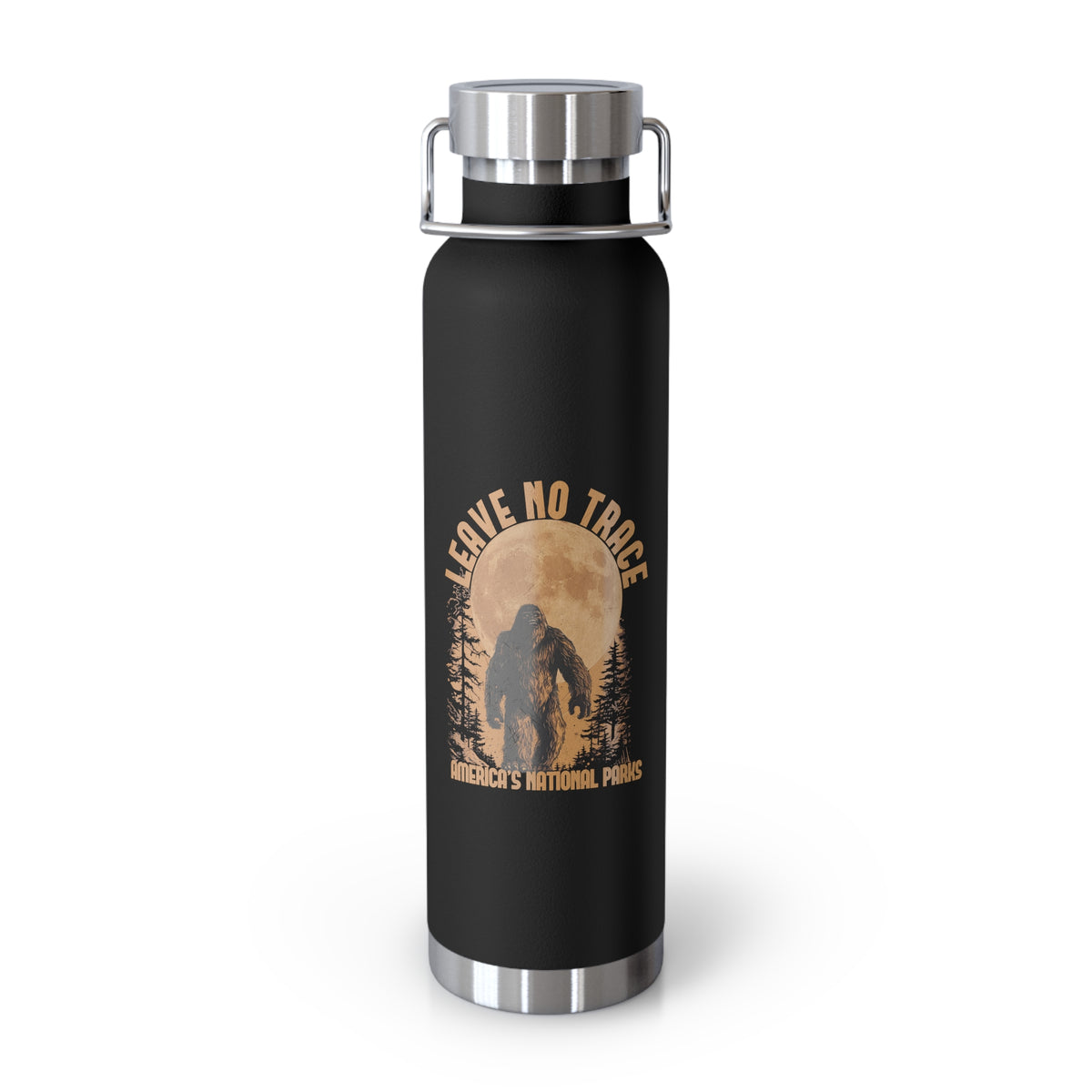 Water bottle with Leave No Trace design featuring a bear silhouette and full moon, promoting conservation in America's national parks.