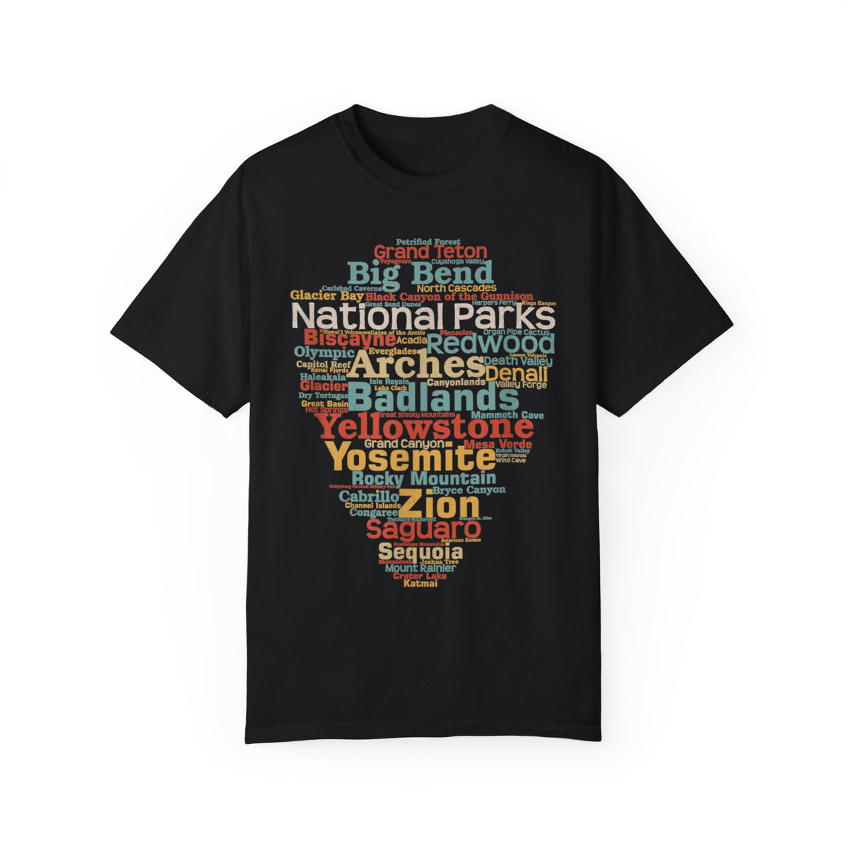 T-shirt featuring a word cloud design with names of various USA national parks.