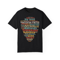 T-shirt featuring a word cloud design with names of various USA national parks.