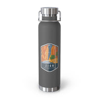 Grey stainless steel water bottle featuring a design of Zion National Park with a waterfall and canyon scenery.